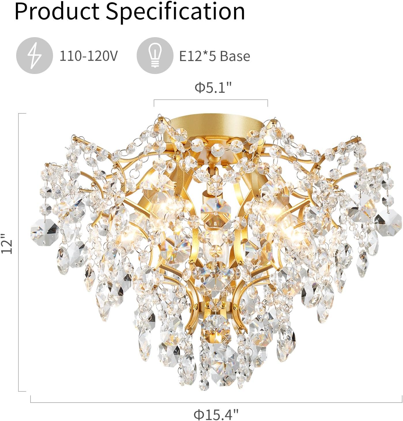 Modern gold 5-light chandelier with cascading crystals, E12 bases, and elegant globe design.