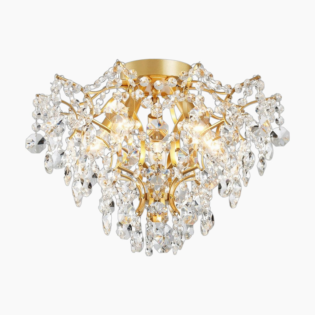 Modern gold 5-light chandelier with sparkling clear crystal drops and accents, elegant centerpiece.