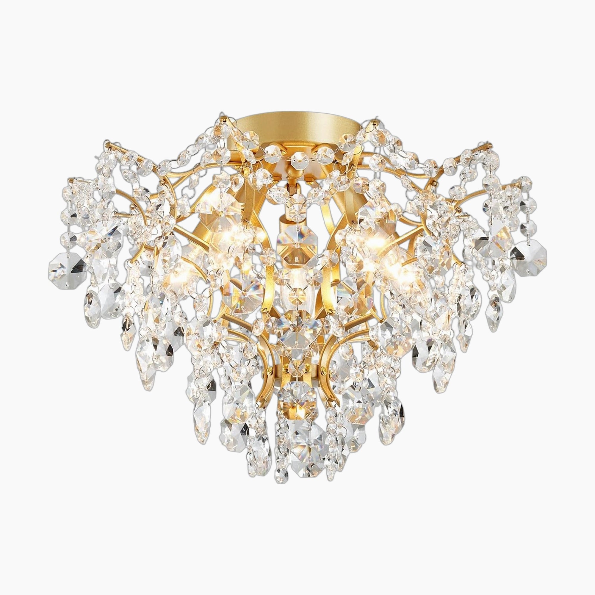 Modern gold 5-light chandelier with sparkling clear crystal drops and accents, elegant centerpiece.