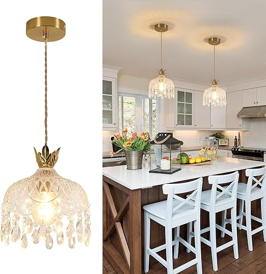 Maison Ornate Gold Crystal Ceiling Light Modern E27 with three matching pendant chandeliers displayed.
