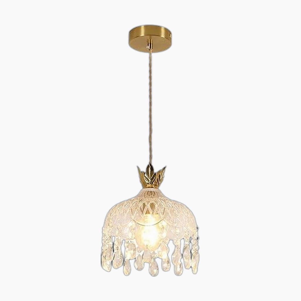 Gold-mounted crystal chandelier with braided cord and teardrop glass shade featuring crown-like details.