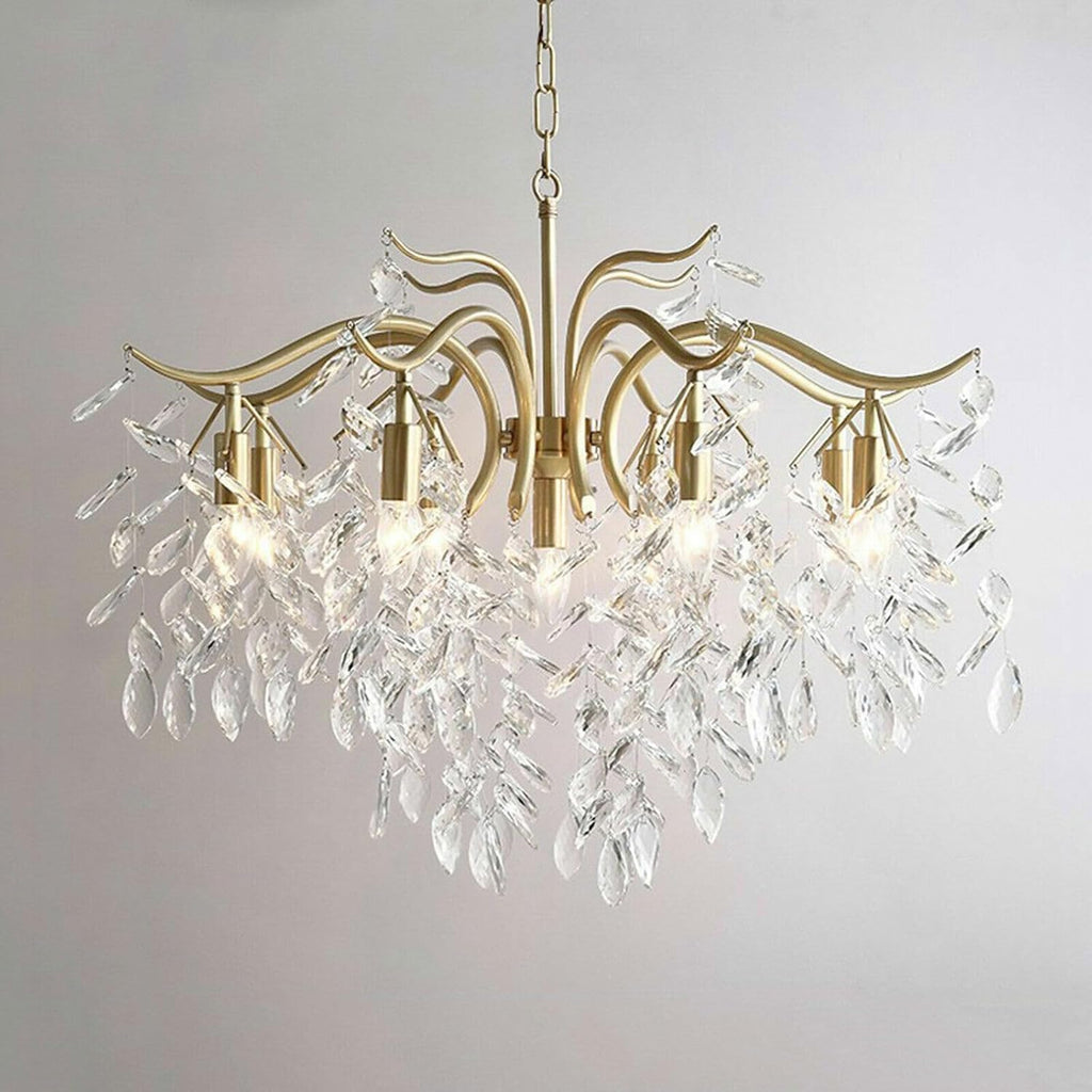 Maison Ornate Modern Gold Crystal Chandelier with 9 adjustable arms and cascading clear crystal leaves.