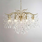 Maison Ornate Modern Gold Crystal Chandelier with 9 adjustable arms and cascading clear crystal leaves.