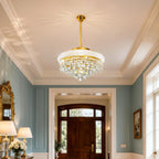 Maison Ornate’s Modern Round Crystal Gold Chandelier E14, featuring elegant crystal strands and gold finish.