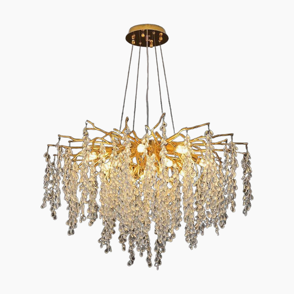 Gold-branch chandelier with cascading crystal droplets, wisteria-inspired design, circular mount, modern and elegant.