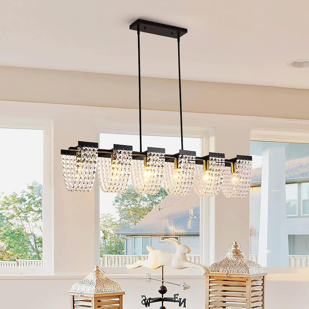 Maison Ornate Art Deco Linear Crystal Black Metal Chandelier with eight glass shades, elegant and sleek.