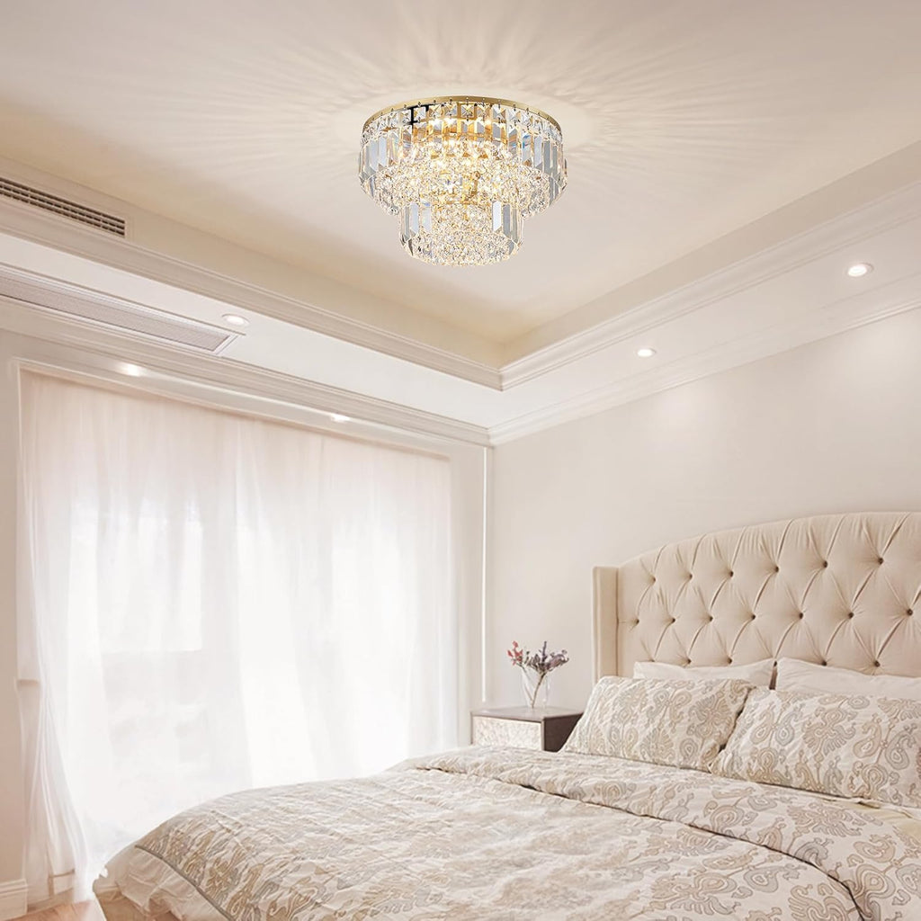 Maison Ornate Modern Gold Crystal Bedroom Chandelier LED sparkles elegantly, refracting light through sheer curtains.