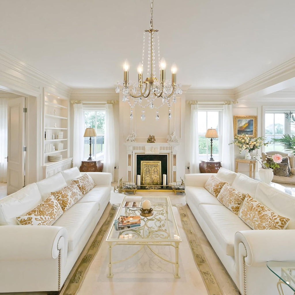 Maison Ornate Adjustable Vintage Style Crystal Bedroom Chandelier sparkling above, elegant crystal detailing and intricate vintage accents.