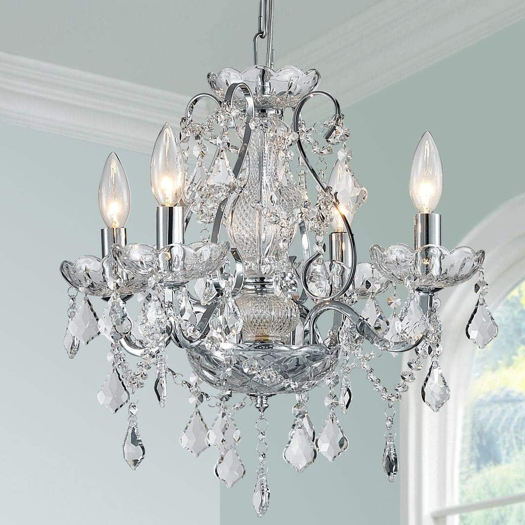 Maison Ornate Modern Crystal Chrome chandelier with four candle lights and sparkling crystal pendants.