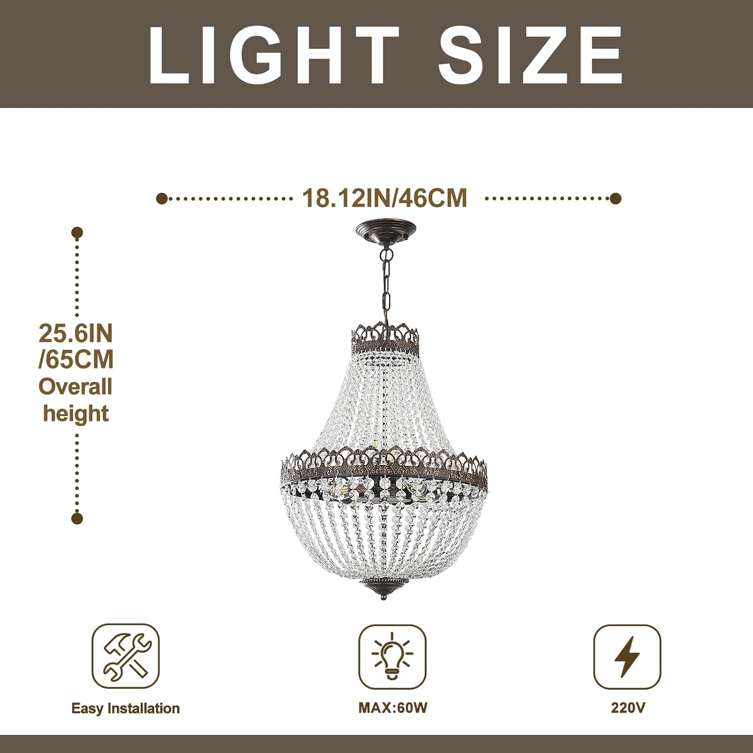 Maison Ornate Vintage Crystal Chandelier in Black Gold with 6 lights and adjustable chain, 18" wide.