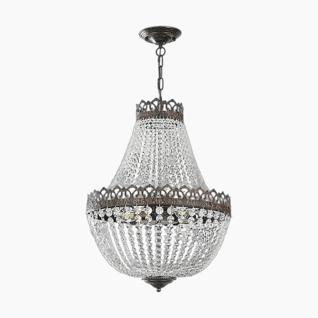 Maison Ornate Vintage Crystal Chandelier with black gold frame, detailed accents, cascading crystal strands.