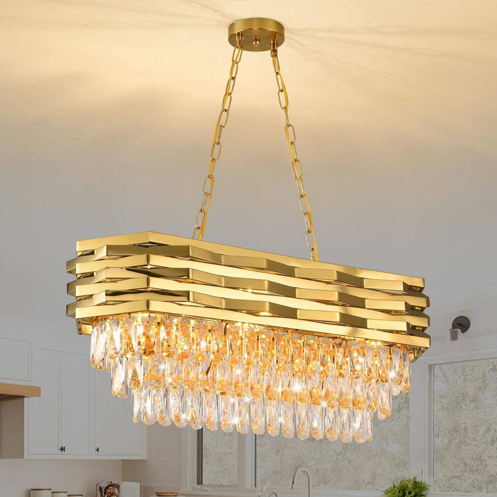 Luxurious 5-tier round gold chandelier with sparkling K9 crystals, elegant modern lighting fixture.