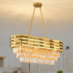 Luxurious 5-tier round gold chandelier with sparkling K9 crystals, elegant modern lighting fixture.