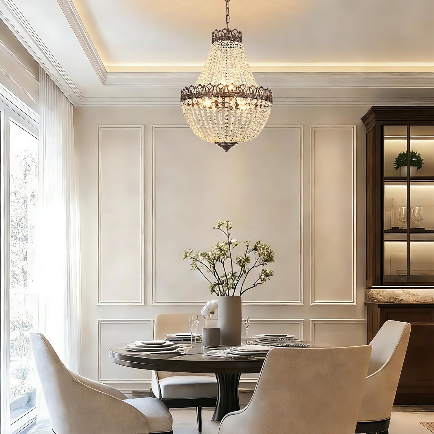 Maison Ornate Vintage Crystal Chandelier with adjustable black gold chain, sparkling glass accents, elegant silhouette.