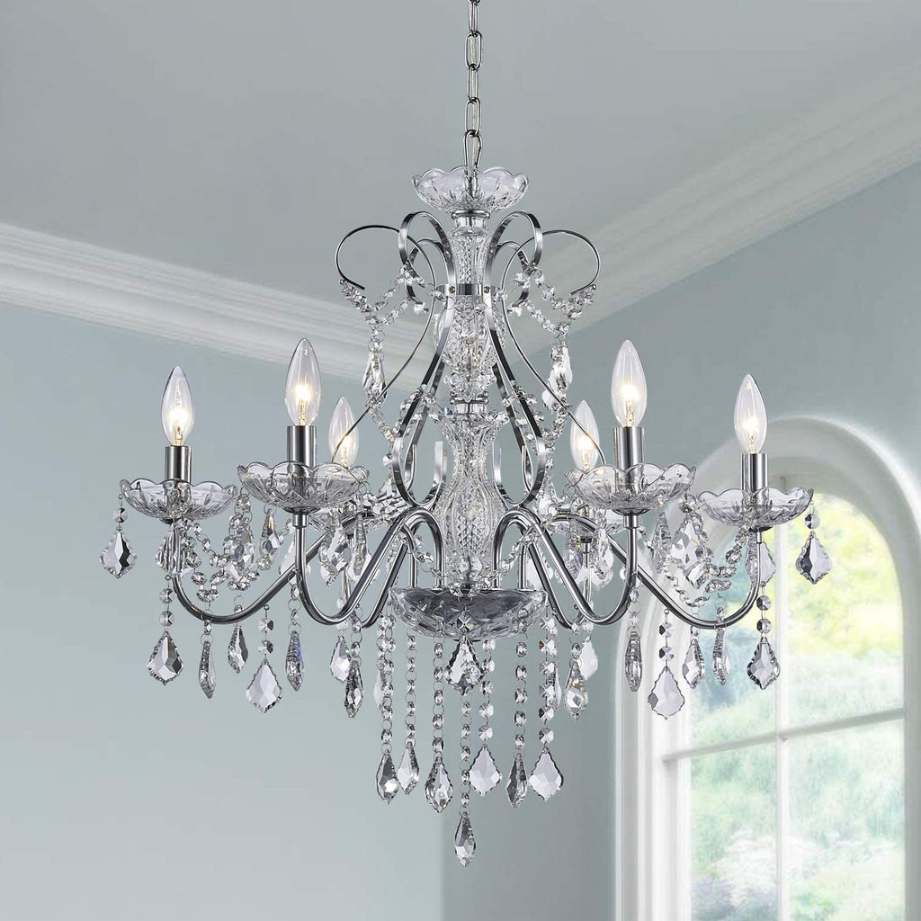 Eight-light French modern chandelier with crystal pendants, candle-style bulbs, and adjustable chain.