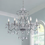 Eight-light French modern chandelier with crystal pendants, candle-style bulbs, and adjustable chain.