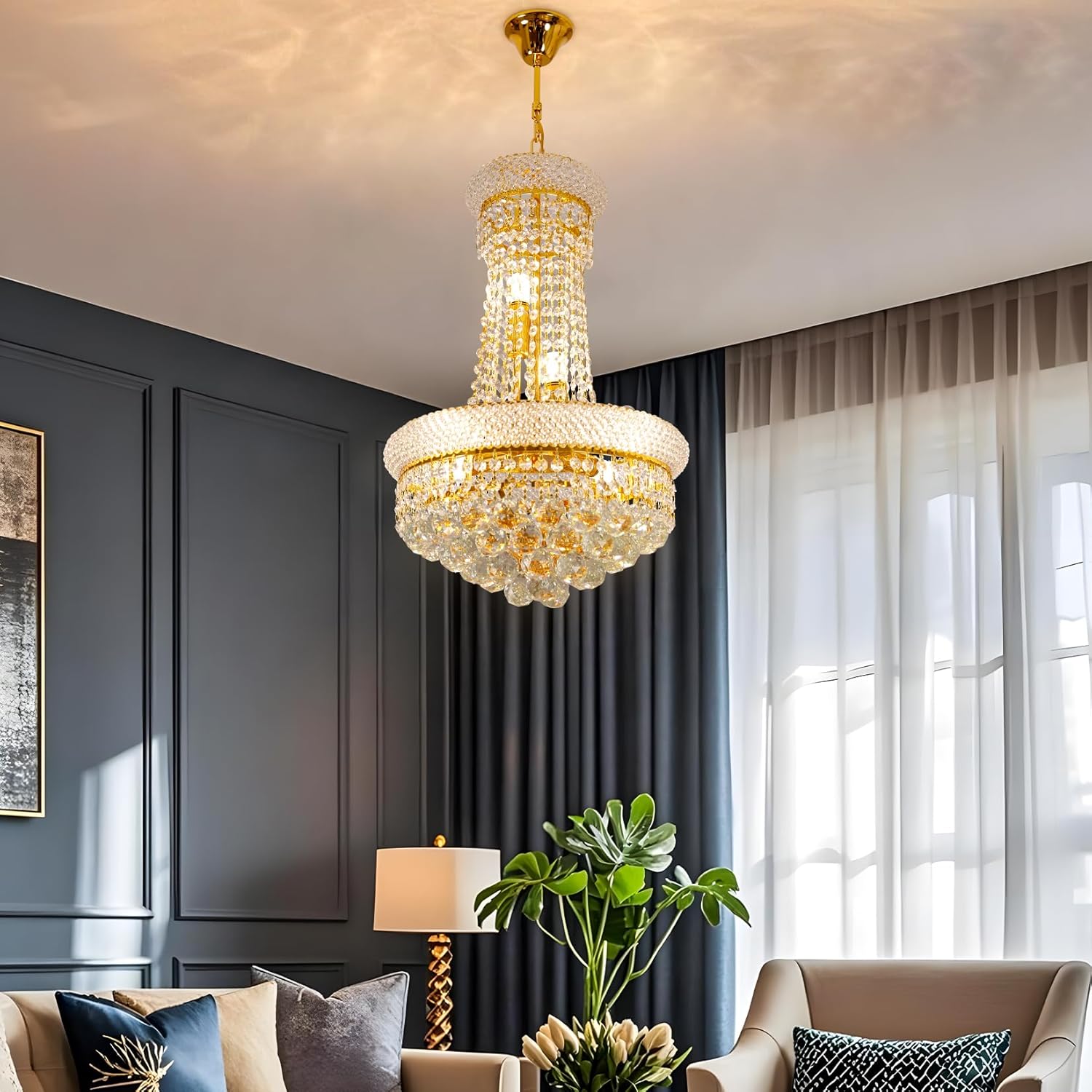 The Maison Ornate Golden Crystal Round Modern Glass Pendant Light, an elegant, luxurious chandelier centerpiece.