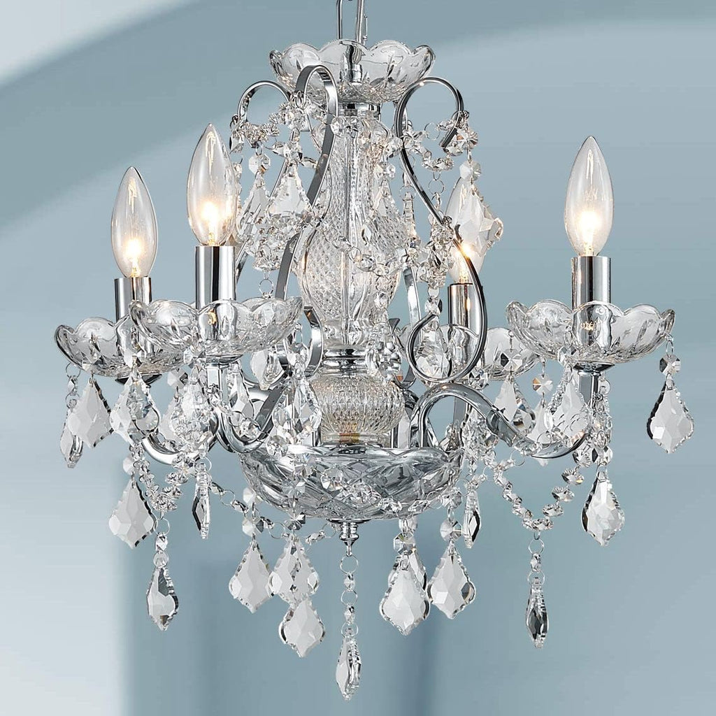 Maison Ornate Modern Crystal Chrome Metal Luster chandelier with four lights and crystal pendants.