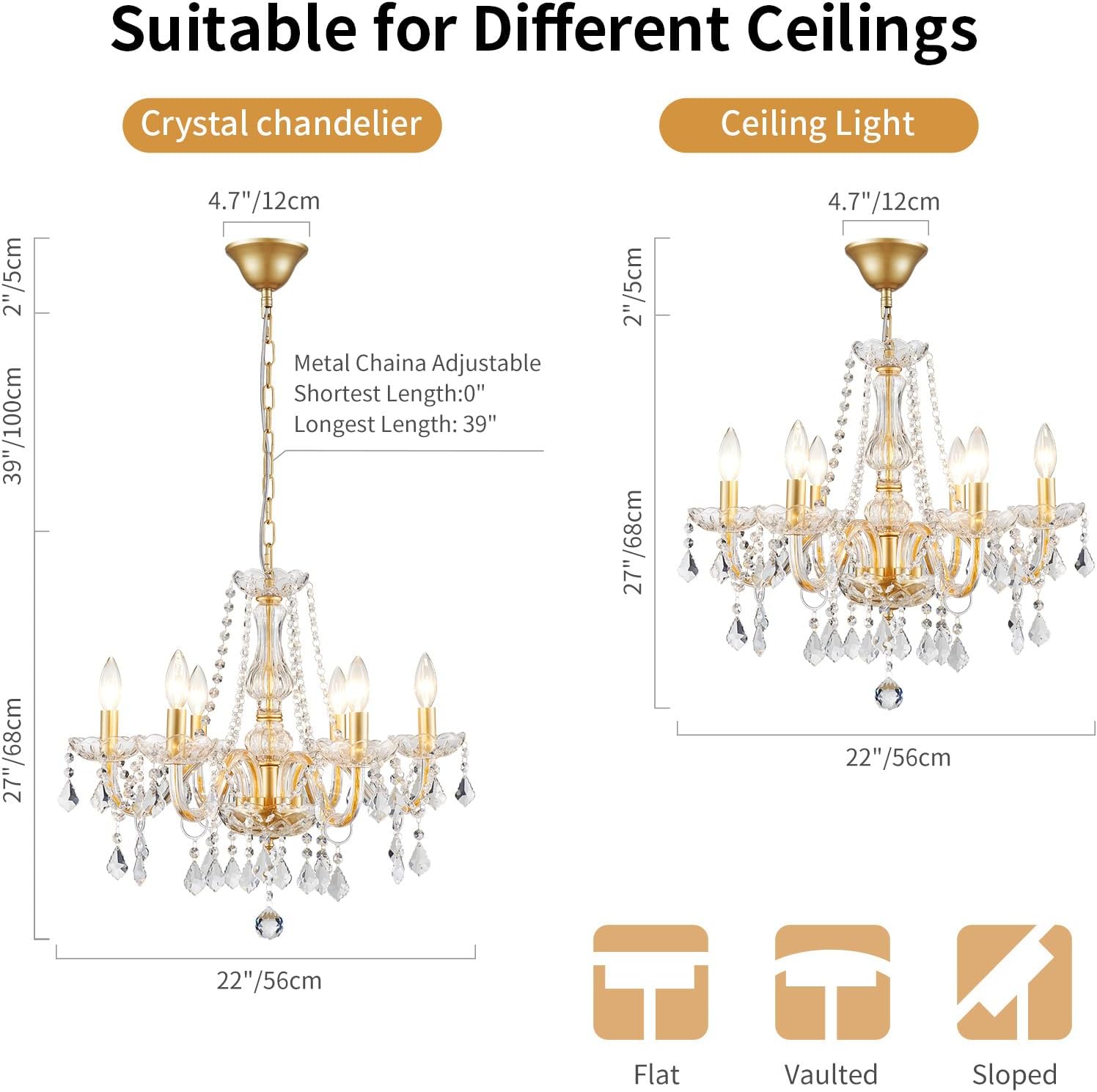WUZUPS Crystal Candle Chandelier Pendant Light Flush Mount Ceiling Light Modern Light Fixture for Bedroom Entrance Bar Kitchen Bathroom H 68 x L 56 Gold E14 Base