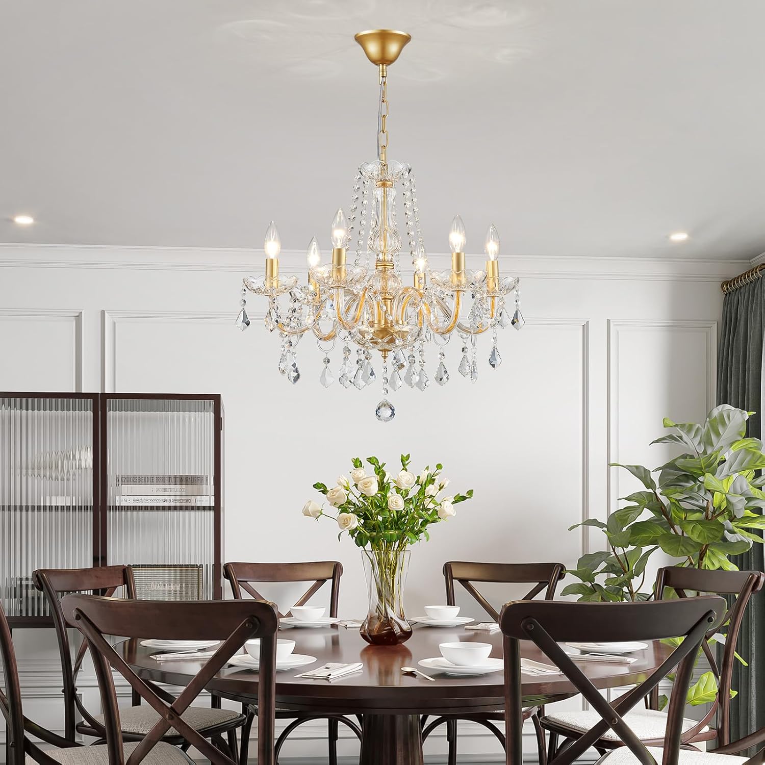 WUZUPS Crystal Candle Chandelier Pendant Light Flush Mount Ceiling Light Modern Light Fixture for Bedroom Entrance Bar Kitchen Bathroom H 68 x L 56 Gold E14 Base