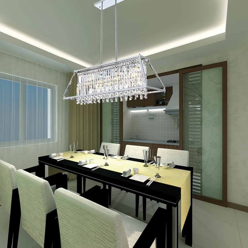 Maison Ornate Modern Rectangular Chrome Crystal Chandelier with K9 pendants, elegant and contemporary lighting fixture.