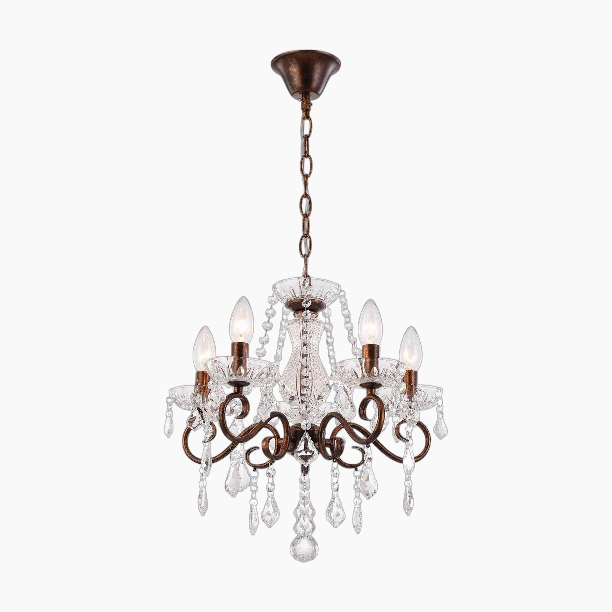 Bronze five-arm chandelier with candle-style bulbs and clear crystal accents, vintage rustic design.