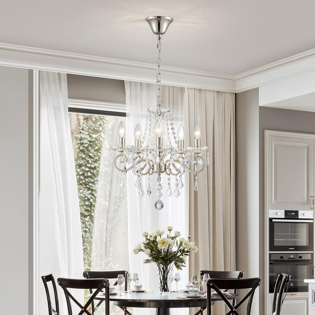 The Maison Ornate Art Deco Crystal Flush Mount Chandelier with nickel finish and intricate crystal details.