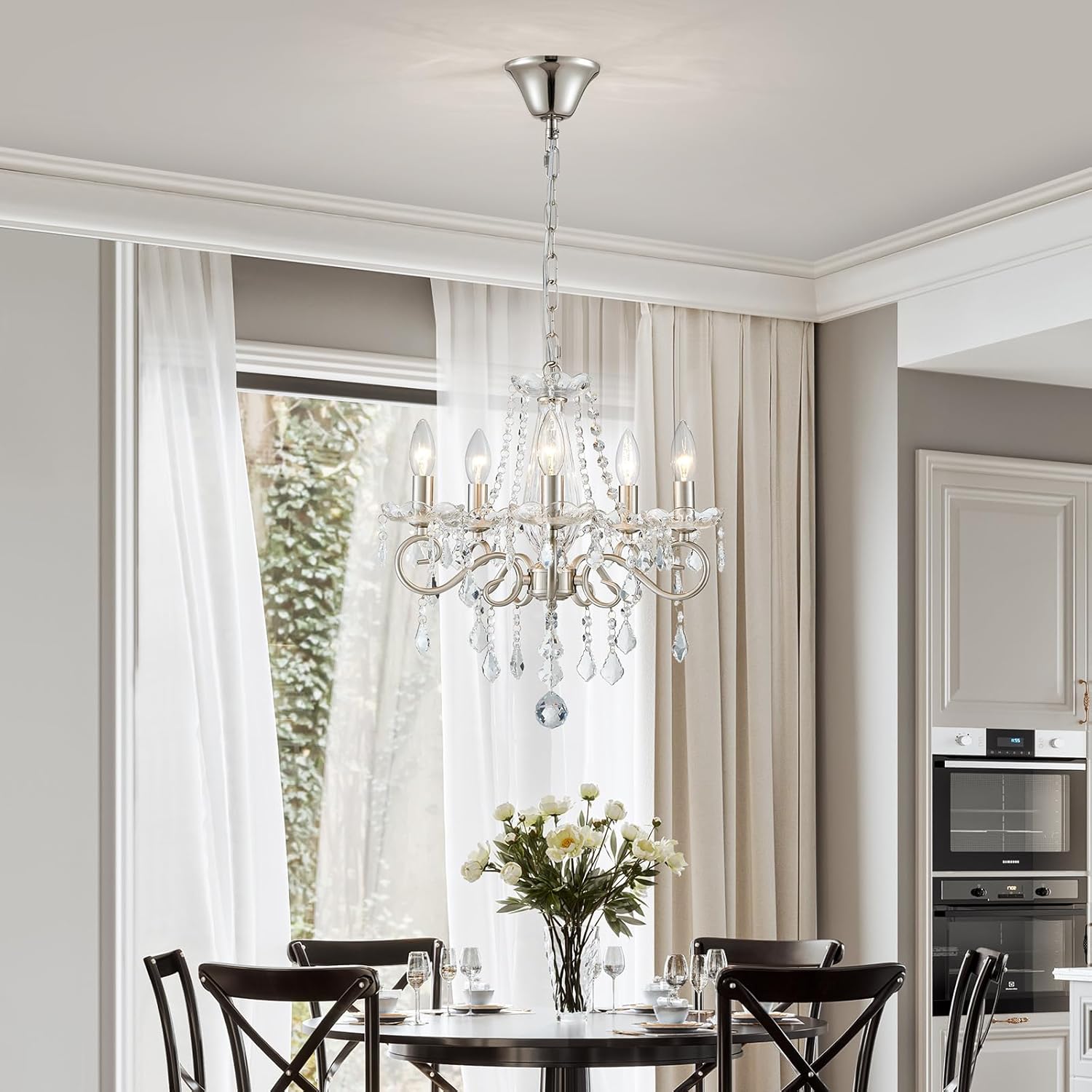 The Maison Ornate Art Deco Crystal Flush Mount Chandelier with nickel finish and intricate crystal details.