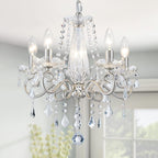 Maison Ornate Crystal Flush Mount Chandelier with five candle lights, silver arms, sparkling crystals.