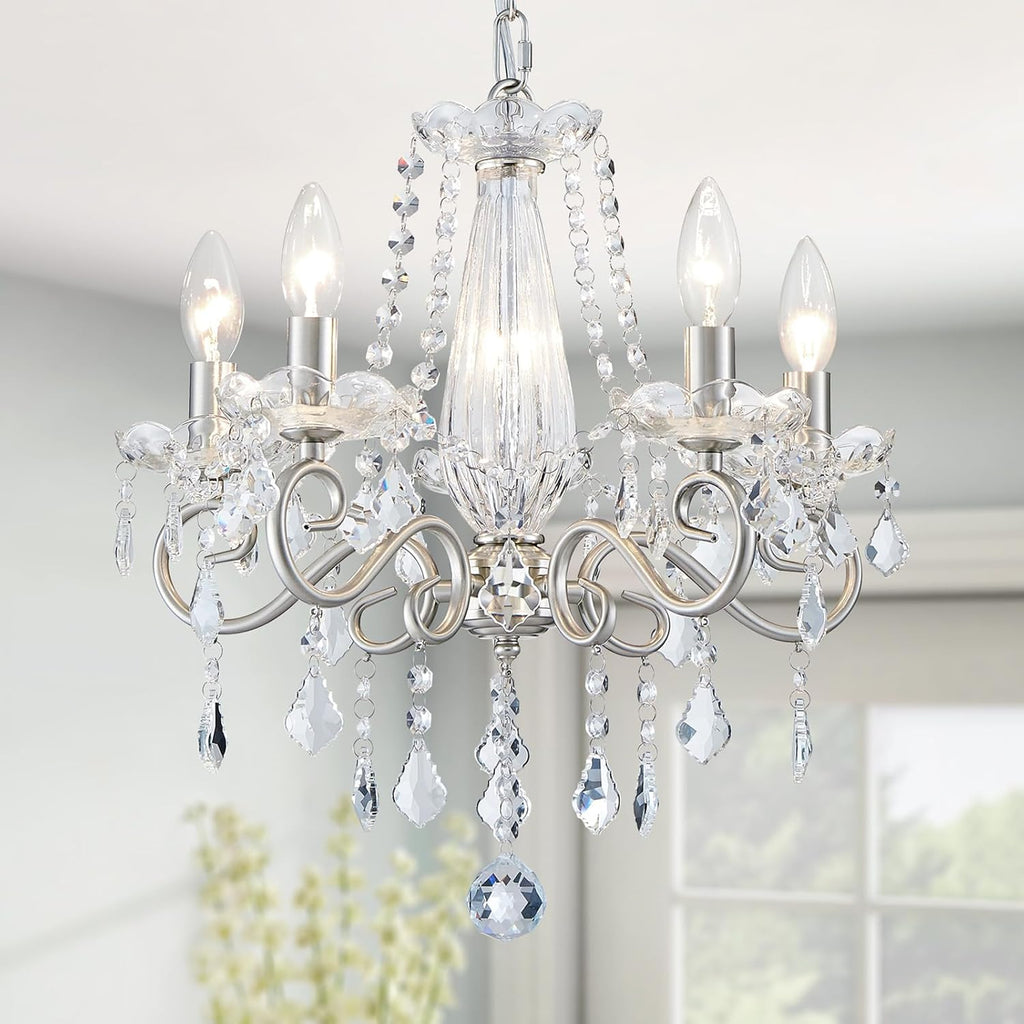 Art Deco crystal flush mount chandelier with five candle lights, nickel finish, and sparkling crystals.
