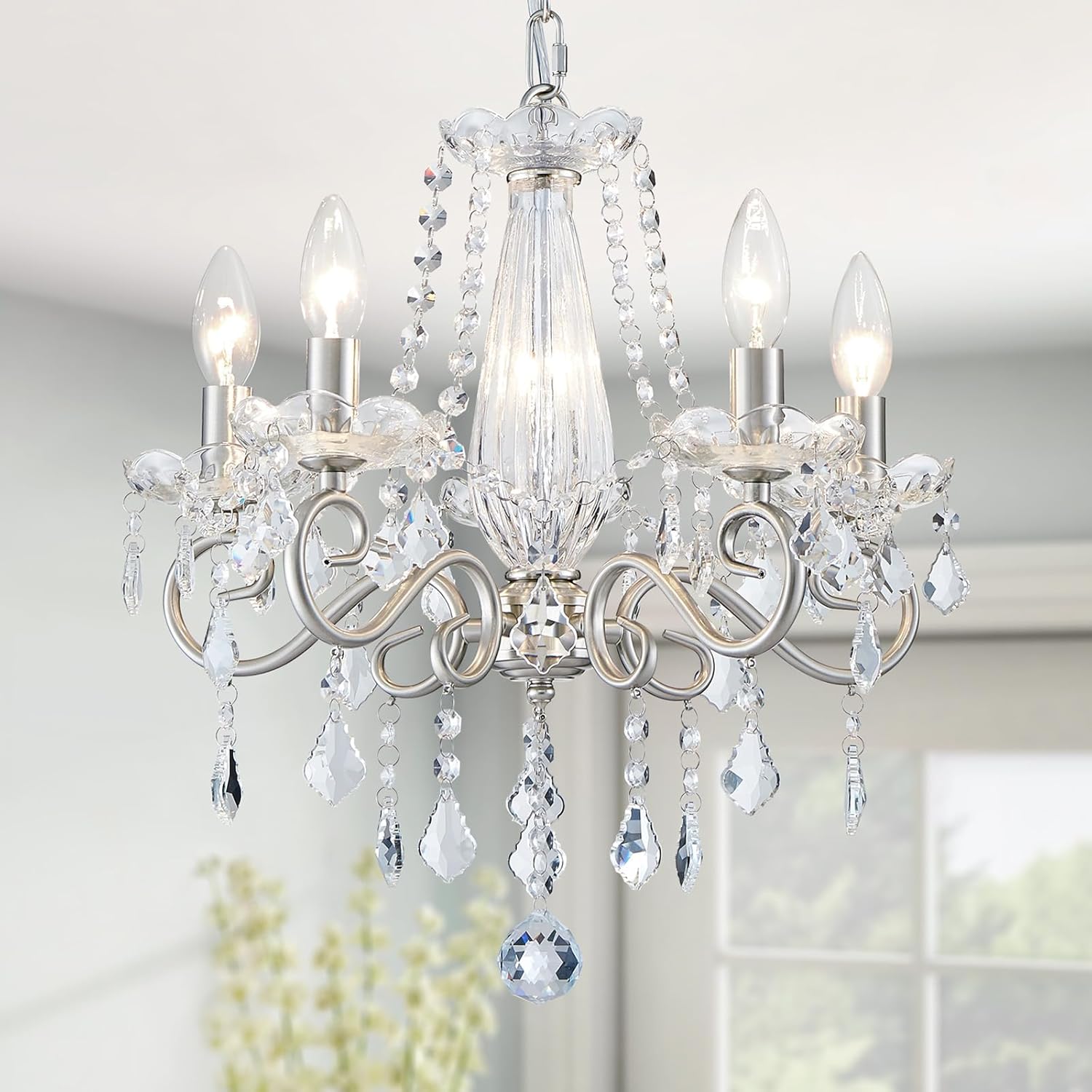 Art Deco crystal flush mount chandelier with five candle lights, nickel finish, and sparkling crystals.