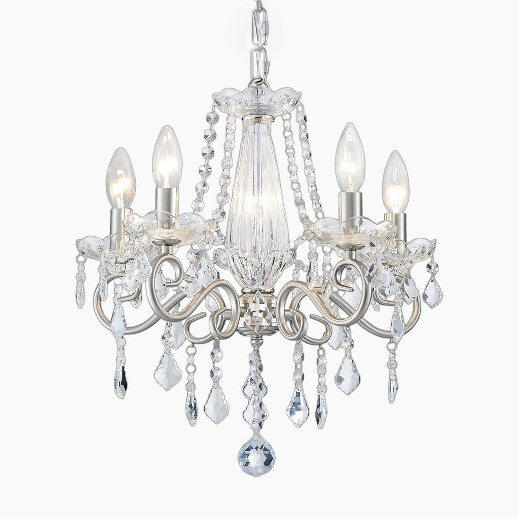 Sparkling Art Deco chandelier with crystals, silver accents, nickel finish, and five candle bulbs.