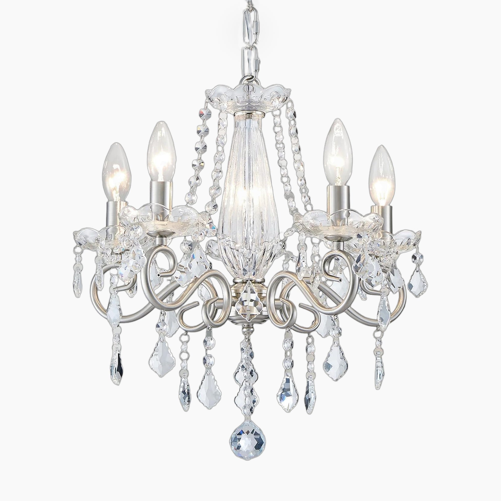 Sparkling Art Deco chandelier with crystals, silver accents, nickel finish, and five candle bulbs.