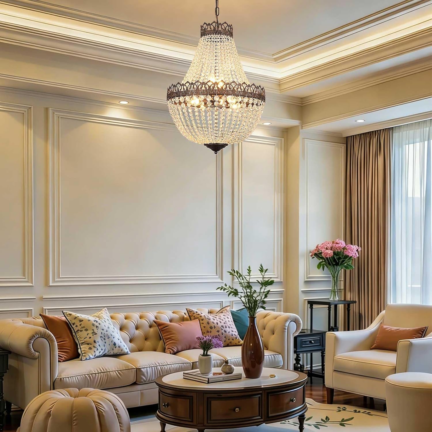 Vintage Crystal Chandelier, E14 Bedroom Pendant Light with Adjustable Chain Length 100 cm, Kitchen Chandelier 4 Lights, Ceiling Light Living Room, Dining Table, Antique Black and Gold, 60 W