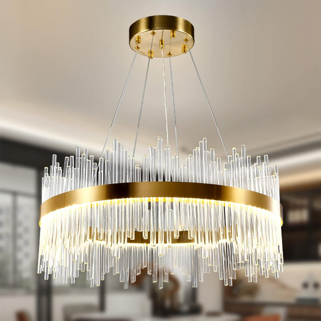 Elegant round gold and crystal chandelier with vertical glass rods, adjustable cables, sleek modern design.