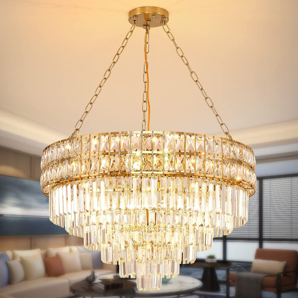 Maison Ornate Gold Stainless Steel Chandelier with K9 crystal prisms; modern, sleek, and luxurious lighting fixture.