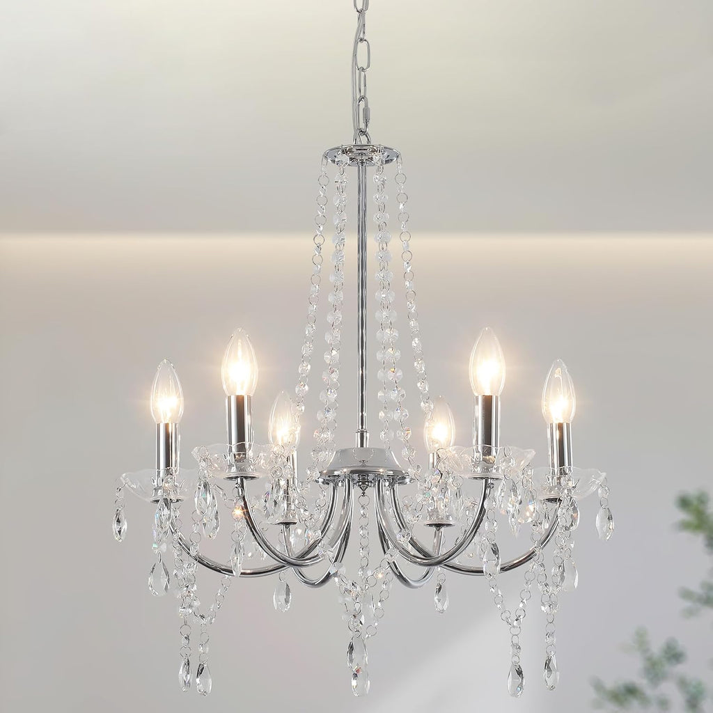 Maison Ornate Modern Vintage chandelier with six candle bulbs, curved metal arms, and crystal ornaments.