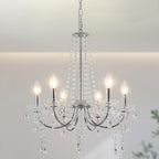 Maison Ornate Modern Vintage chandelier with six candle bulbs, curved metal arms, and crystal ornaments.