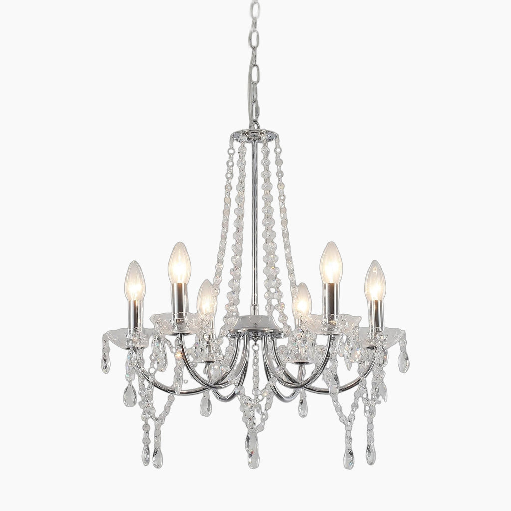 Ornate modern vintage chandelier with eight candle bulbs, crystal strands, teardrop pendants, and adjustable chain.
