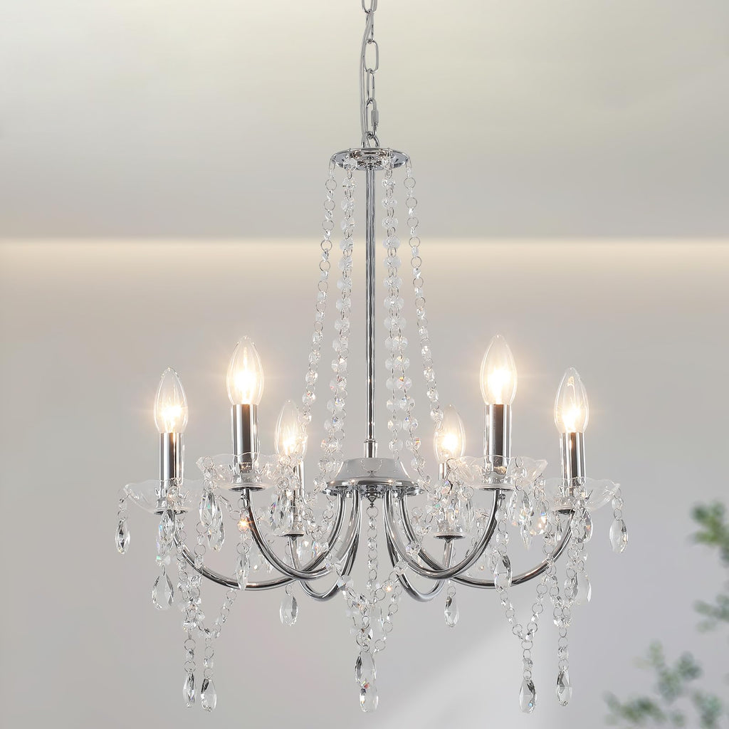 Maison Ornate chandelier with eight candle bulbs, clear crystals, and a silver adjustable vintage frame.