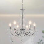 Maison Ornate chandelier with eight candle bulbs, clear crystals, and a silver adjustable vintage frame.
