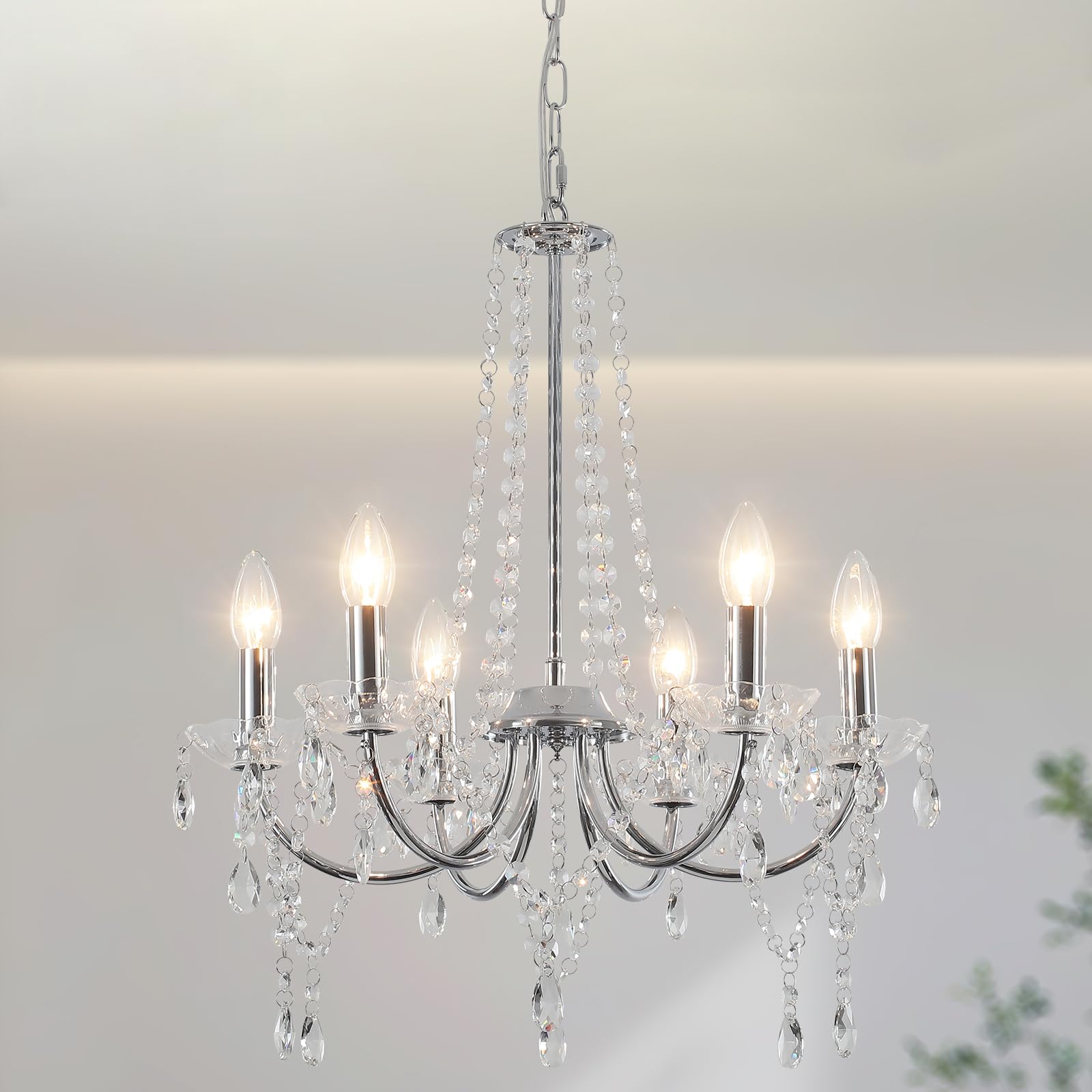 Maison Ornate chandelier with eight candle bulbs, clear crystals, and a silver adjustable vintage frame.