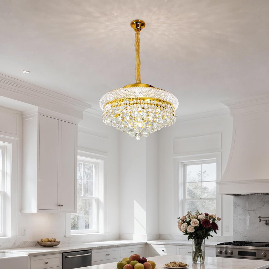 Maison Ornate Modern Round Crystal Gold Chandelier E14, elegant gold fixture with sparkling crystals.