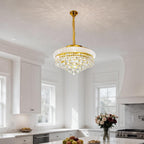 Maison Ornate Modern Round Crystal Gold Chandelier E14, elegant gold fixture with sparkling crystals.