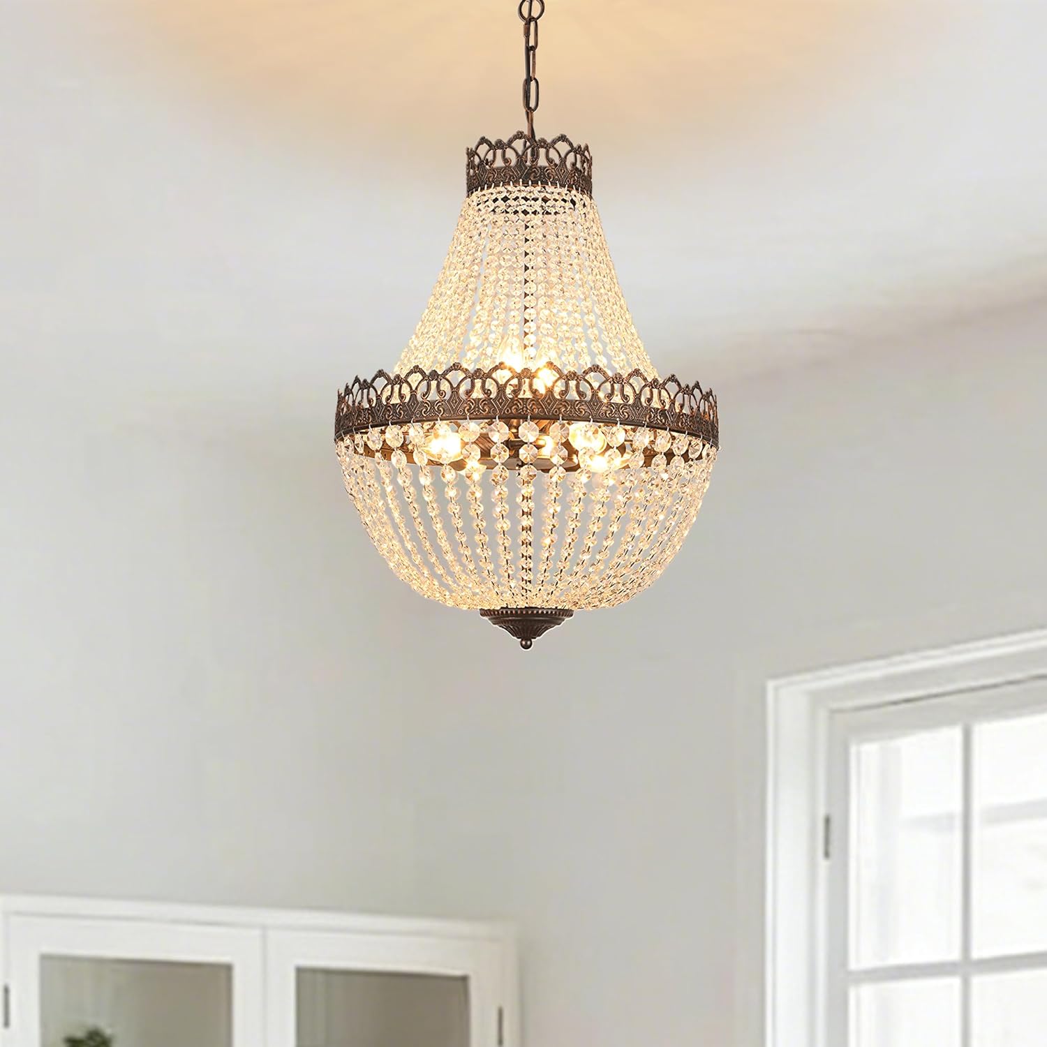 Vintage Crystal Chandelier, E14 Bedroom Pendant Light with Adjustable Chain Length 100 cm, Kitchen Chandelier 4 Lights, Ceiling Light Living Room, Dining Table, Antique Black and Gold, 60 W