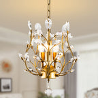 Gold, black, and silver chandelier with K9 crystal drops, leaf accents, and candle-style lights.