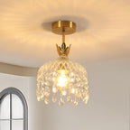 Maison Ornate Gold Crystal Ceiling Light with dangling prisms and a clear glass shade.