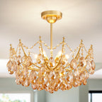Modern gold 5-light chandelier with cascading crystal ball pendants and semi-flush mount design.
