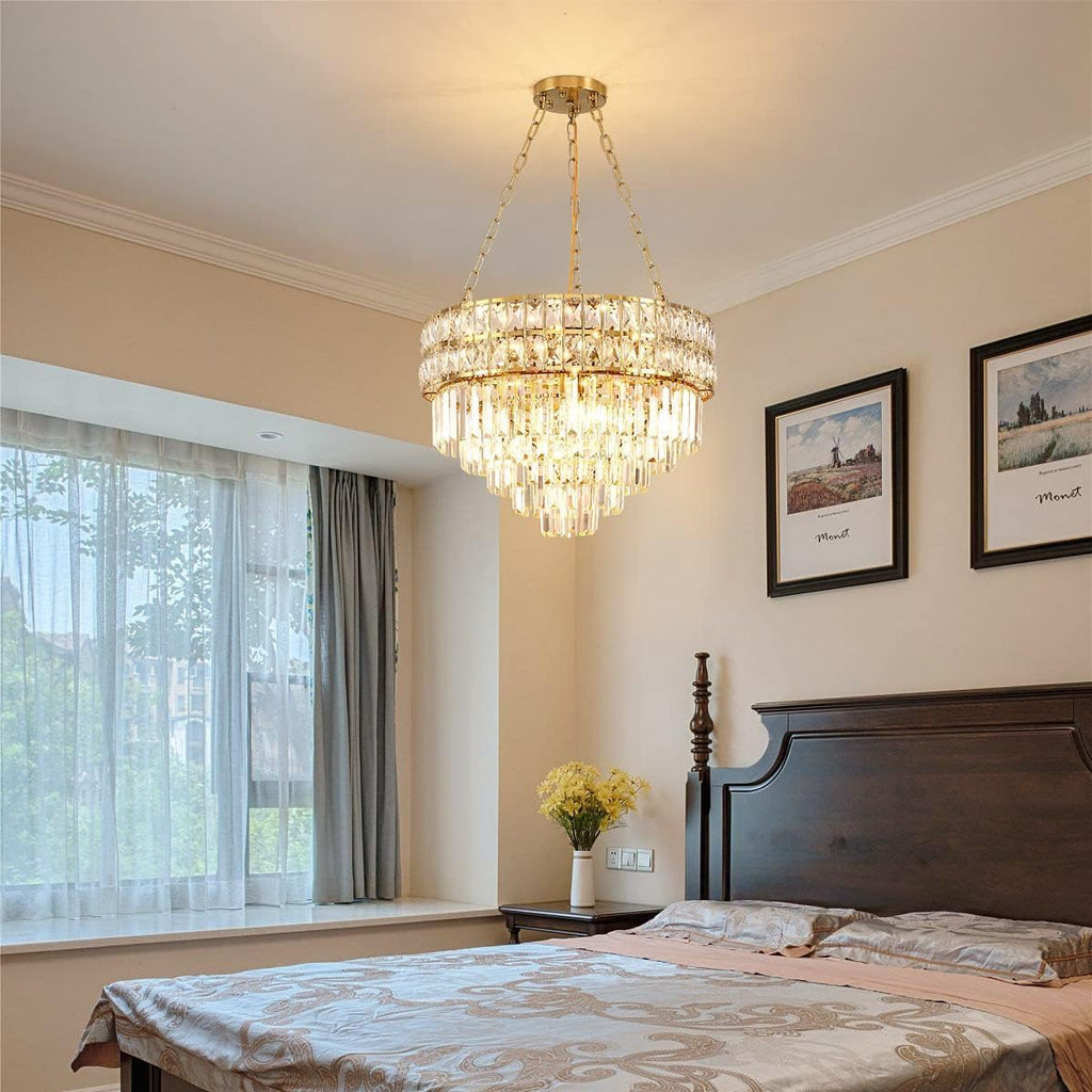 Maison Ornate’s Golden Lustre Round Crystal Pendant chandelier, showcasing intricate golden detailing and shimmering crystals.