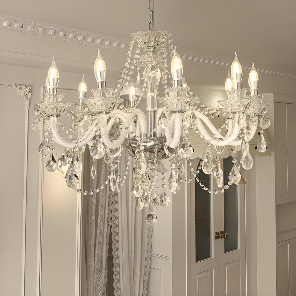 White crystal 15-arm French chandelier with K9 glass arms and hanging pendants, candle-style lights.